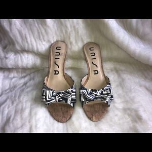 SALE! NWOT! Black and white satin mules with bows!